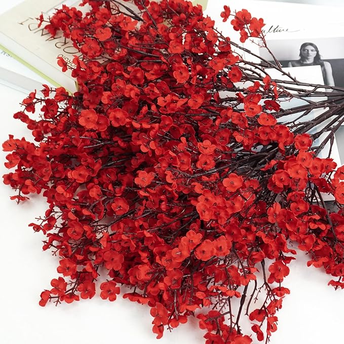 Uieke 30 Pcs Babys Breath Artificial Flowers Bulk Silk Red Faux Flowers Real Touch Gypsophila Bouquet for Christmas Halloween Home Wedding Decoration
