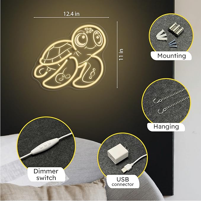 Turtle Neon Sign - Ocean Decor Gift for Bedroom Kids, LED Ocean Themed, Kids Turtle Decor Craft Room, LED Light Turtle Wall for Pet Shop Window, Creative Night Light