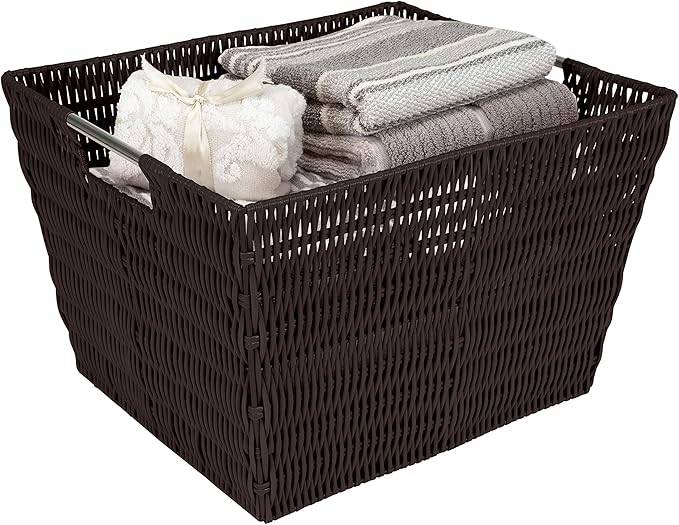 Simplify 15"x13"x10" Large Woven Basket for Storage with Handles, Nursery, Playroom, Toys, Bedroom, Closet, Clothes, Office, Decorative Organizer Rattan Totes, Chocolate