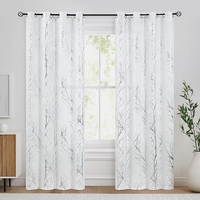 FMFUNCTEX Linen Semi Sheer Curtains for Living Room & Bedroom, Silver Metallic Print White Tree Panel, Light Filtering 84" Long Grommet Top 2 Panels