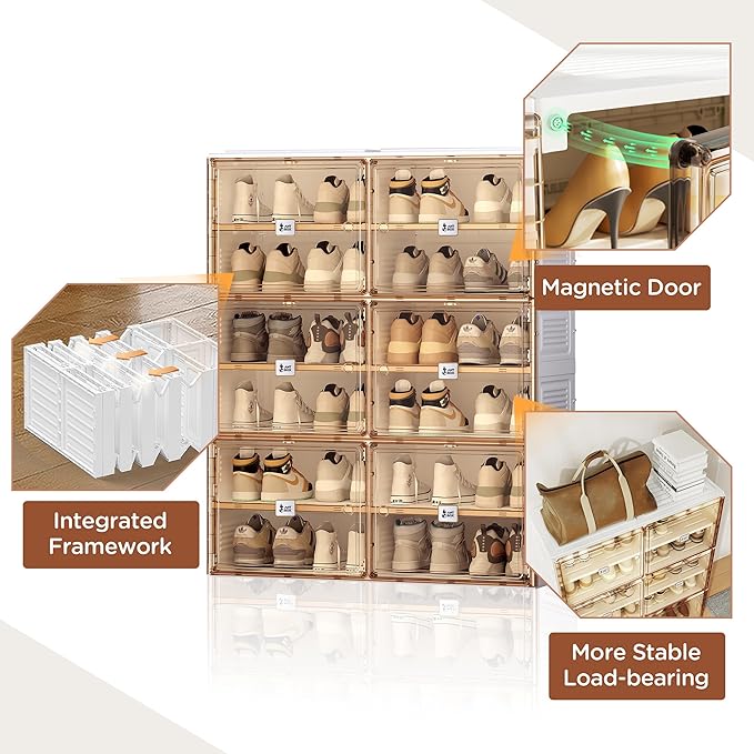 Portable Shoe Rack Organizer for Closet Entryway, Stackable Sneaker Storage Shoe Cabinet with Magnetic Clear Door, Large Plastic Storage containers Bins with Lids 6 Tiers 24 Pairs