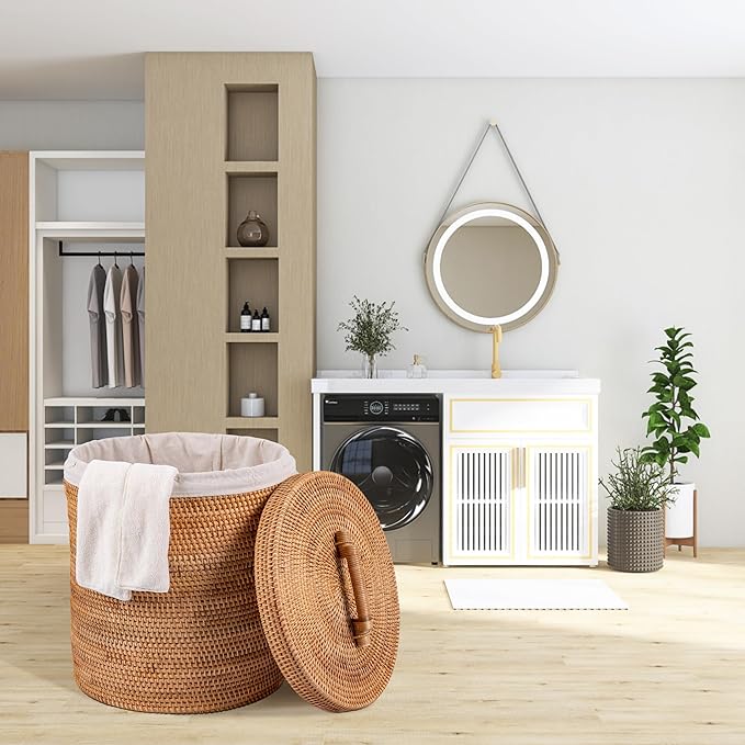 Rattan Laundry Hamper With Lid, Rattan Laundry Basket With Removable Liner Bag Handles (15.7" L×15.7"W×17.3"H)