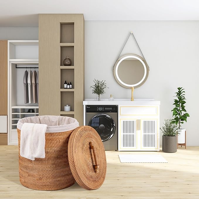 Rattan Laundry Hamper With Lid, Rattan Laundry Basket With Removable Liner Bag Handles (13.8" L×13.8"W×15.7"H)