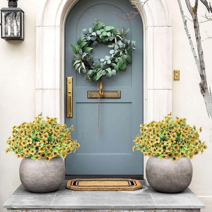 Artificial Flowers Outdoor Faux Plants UV Resistant 12 Bundles Fake Patio Flowers Plastic Greenery Plnats Outside Bulk for Spring Garden Hanging Planter Home Vase Decor, Yellow
