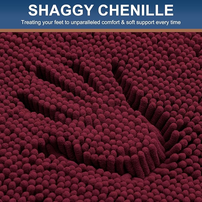 Smiry Luxury Chenille Bathroom Rugs 40x32, Extra Soft and Absorbent Shaggy Bath Mat, Machine Washable, Non-Slip Plush Carpet Runner for Tub, Shower, and Floor, Home Decor Accessories, Burgundy