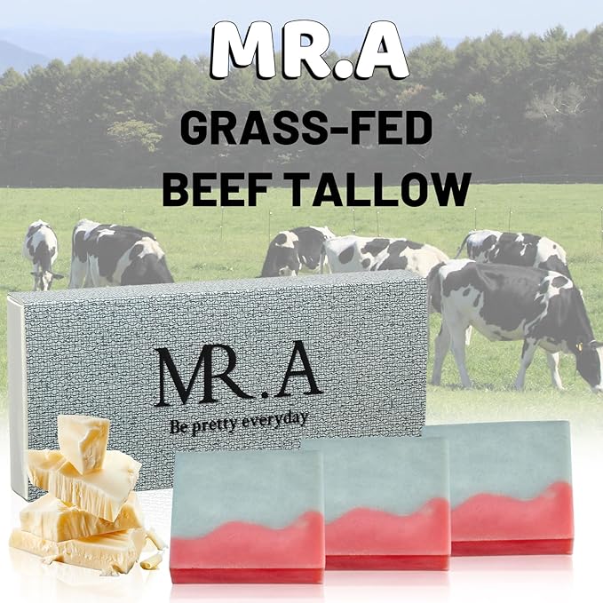 MR.A 3pack Beef Tallow Soap Bar, All Natural Grass Fed Tallow Soap Unscented for Face, Handmade Beef Tallow Soap for Skin Body Wash, 11oz Handcrafted wash for Adults, Kids