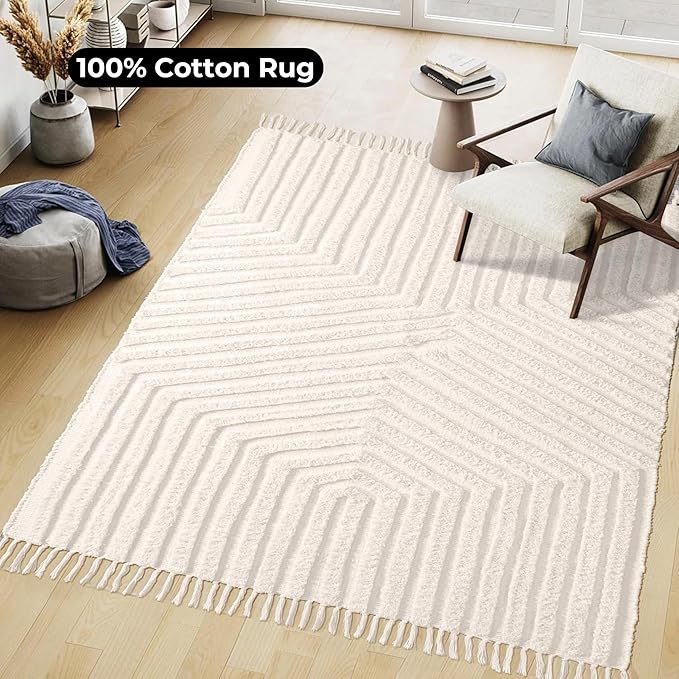 Boho Rugs for Living Room 4x6, Farmhouse Cotton Area Rug for Bedroom, Washable Tufted Indoor Floor Carpet for Kitchen Dorm Office Dining Room Office Home Decor,Light Linen