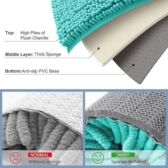 Smiry Luxury Chenille Bathroom Rugs 47x20, Extra Soft and Absorbent Shaggy Bath Mat, Machine Washable, Non-Slip Plush Carpet Runner for Tub, Shower, and Floor, Home Decor Accessories, Turquoise