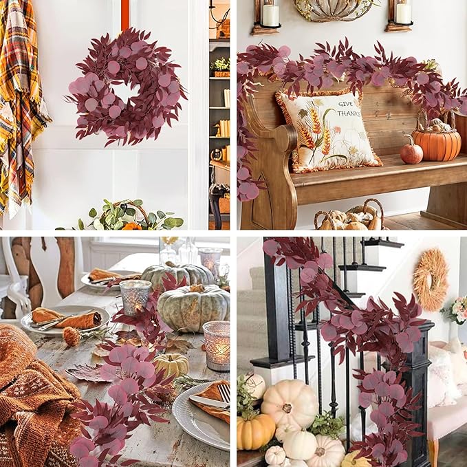 2Pcs Artificial Eucalyptus Garlands with Willow Leaves 6.6 Ft Faux Hanging Eucalyptus Willow Vines Fall Rattan for Thanksgiving Christmas Party Wedding Table Centerpiece Fireplace Decoration(Burgundy)