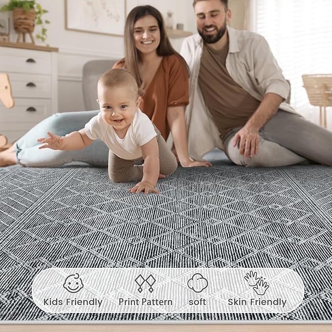 6x9 Area Rug Living Room: Washable Boho Geometric Moroccan Rug Neutral Modern Farmhouse Indoor Soft Non Slip Ultra Thin Printed Pattern Carpet for Dining Room Bedroom Nursery Home (Black, 6'x9')