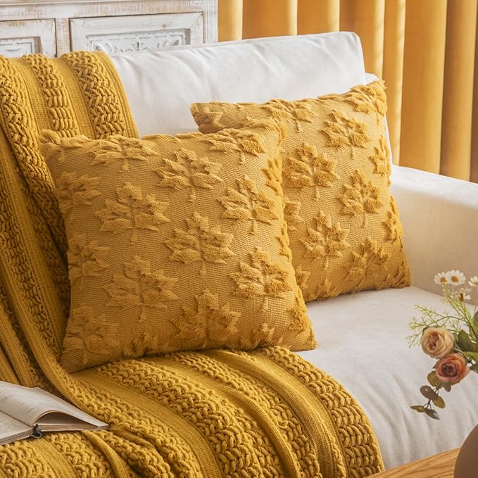 Maple Leaf Fall Throw Pillow Covers 20"x20" Set of 2, Mustard Yellow Farmhouse Decorative Pillow Covers for Autumn Harvest Holiday Accent Pillowcases, Faux Fur Pillow Cover for Couch Bed Room