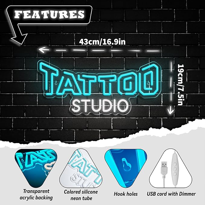 Tattoo Neon Sign Dimmable Tattoo Studio Neon Light for Tattoo Salon Studio Shop Business Logo Bedroom Beer Bar Pub Garage Man Cave Decor USB Powered Christmas Birthday Gift