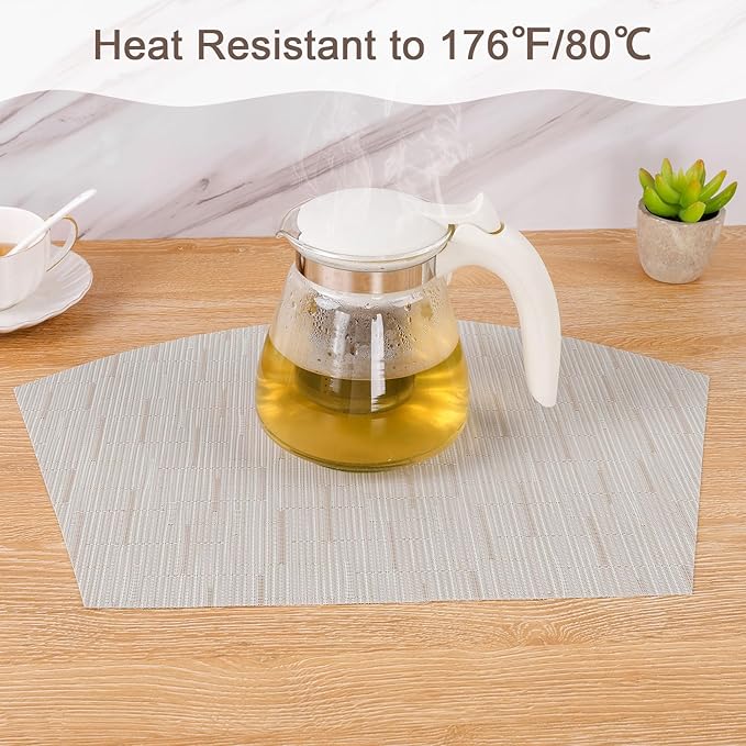 SHACOS Wedge Placemats for Small Round Table Set of 4 Woven Vinyl PVC Placemats Heat Resistant Wipeable Indoor Outdoor Table Mats (4, Beige)