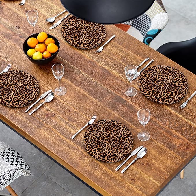 Round Leather Placemats Set of 4 PU Waterproof Non-Slip Washable Heat Resistant Place Mat for Kitchen Dining Table - Leopard