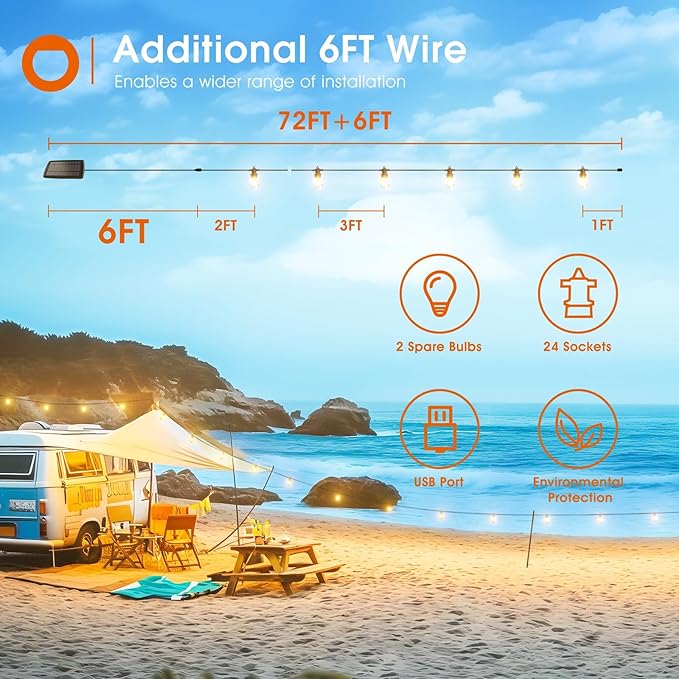 addlon 78(72+6) FT Solar String Lights Outdoor Waterproof with USB Port & Remote Control Solar Patio Lights Long Last for 20+Hrs Dimmable Solar Power LED Bulbs Hanging for Porch Garden Market Bistro