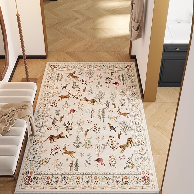Area Rug 4x6 Rug Washable Boho Rugs Non Slip Low Pile Floral Animal Small Carpet for Bedroom, Bedside, Kids Room, Office, Dining Room (Beige)