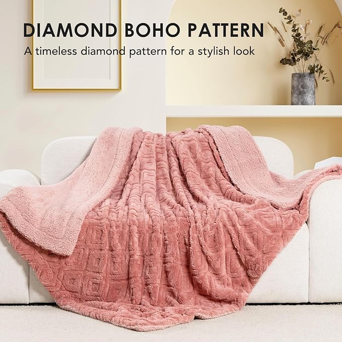 EVERGRACE Jacquard Boho Sherpa Fleece Throw Blanket for Couch, Super Soft Cozy Fuzzy Plush Blankets for All Seasons, Reversible Thick Warm Blanket for Bed, Sofa, Living Room, Dusty Pink, 50" x 60"