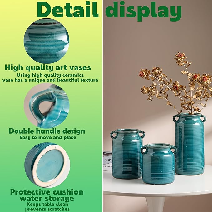 Ceramic Rustic Distressed Green Flower Vase for Centerpieces, Kitchen, Office or Living Room (5.9''x8.6'')