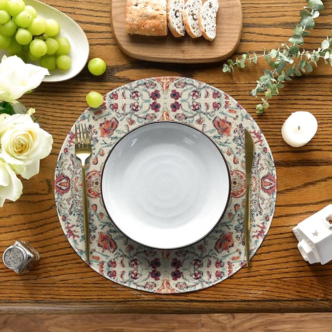 Artoid Mode Boho Round Placemats Set of 4,14 Inch Seasonal Daily Orange Teal Flowers Bohemia Table Mats for Party Kitchen Dining Decoration