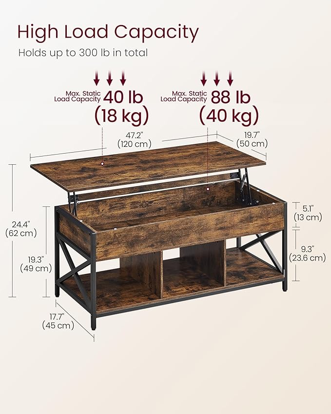 VASAGLE Lift Top Coffee Table, Lift Coffee Table with Storage Shelf, Hidden Compartments and Lifting Top, for Living Room, Office, 19.7 x 47.2 x (19.3-24.4) Inches, Rustic Brown and Black ULCT212B01