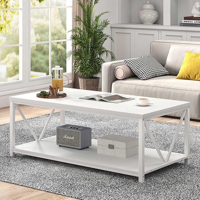 EXCEFUR White Coffee Table with Storage Shelf, Modern Rustic Wood and Metal Center Table for Living Room, 47 Inch
