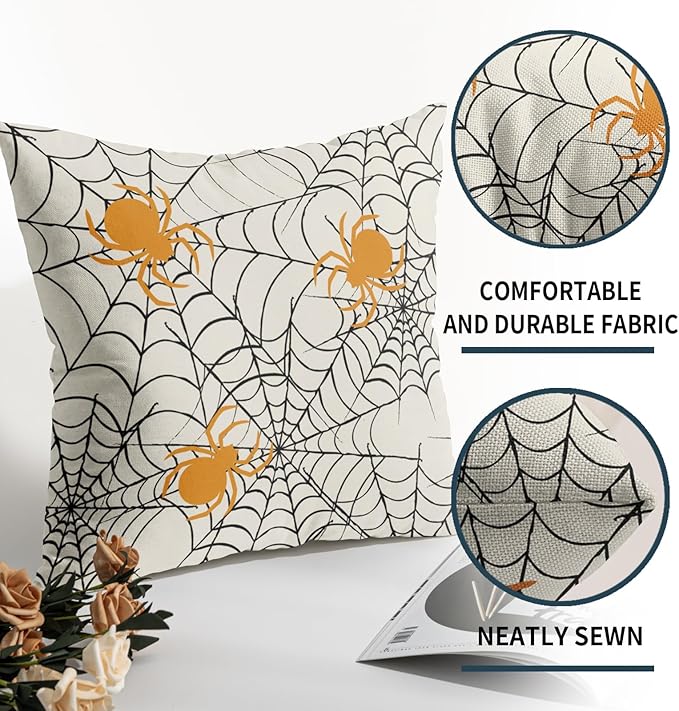 Halloween Spiderweb Pillow Covers 18x18 Set of 2 Cream Black Spider Web Orange Spider Outdoor Decorative Throw Pillows Scary Farmhouse Pillowcases Linen Cushion Case Decor for Home Sofa Couch Bed
