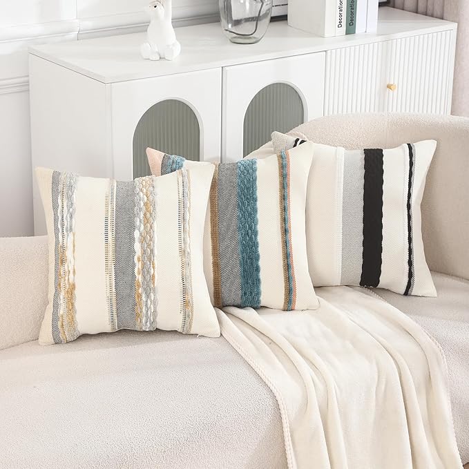 Tosleo Boho Throw Pillow Covers 18x18 Set of 2 Striped Decorative Pillow Cases Accent Chenille Pillowcases Farmhouse Cushion Case Bohemian Nuetral Textured Pillow Cover,Orange and Gray