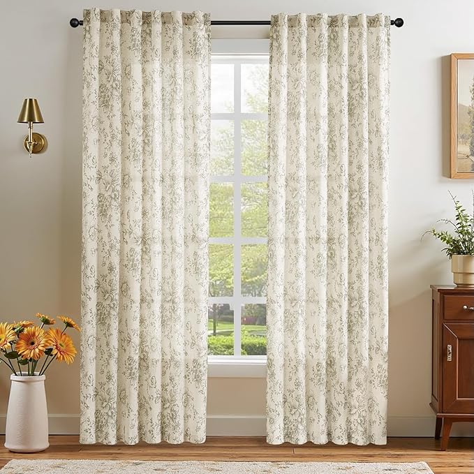 jinchan Linen Blend Curtain Floral Curtains for Living Room 90 Inch Length Sage Green Printed Curtain Rod Pocket Back Tab Farmhouse Peony Flower Patterned Drapes Bedroom Window Curtains Set 2 Panels