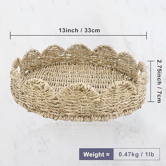 Scalloped Edge Round Serving Tray, Built-in Handles, Decorative for Coffee Table, Seagrass Rattan 13 Inch