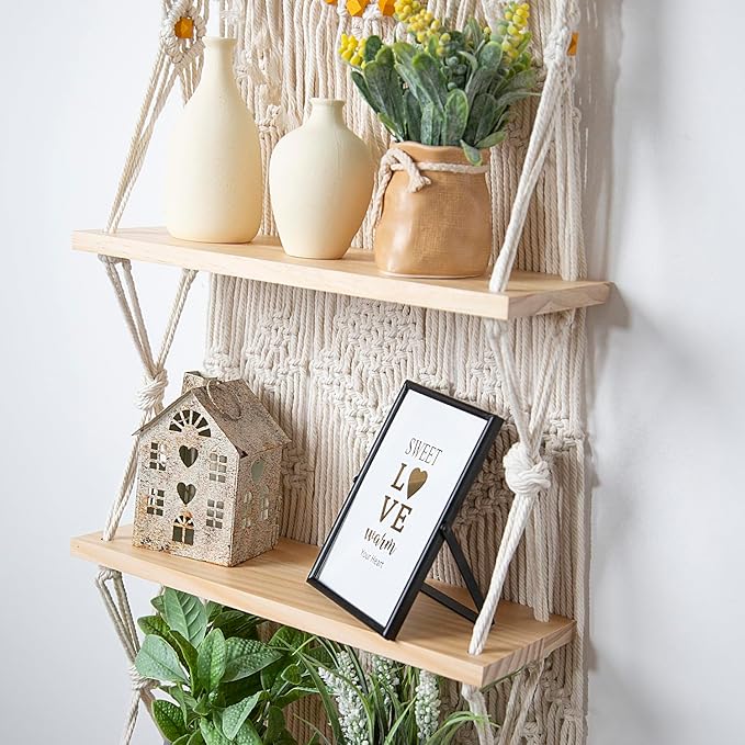 jontell Macrame Wall Hanging Shelf- Macrame Shelves Handmade Decorative Floating Boho Shelf-Plant Shelf Display Rack to Organize and Decor for Living Room, Bedroom, Bathroom