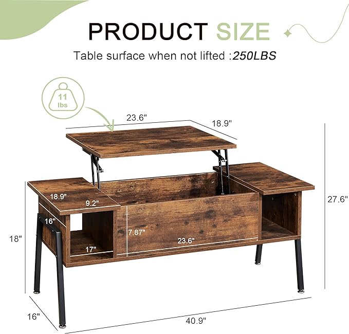VECELO Wood Lift Top Coffee Table with Hidden Compartment and Storage Shelf for Living Room/Office Reception, Rising Tabletop, Brown