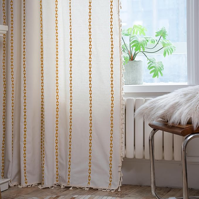 Sutuo Home Boho Curtains for Living Room Bedroom, Semi Blackout Farmhouse Vintage Shabby Chic Tassels Window Treatment Bohemian Embroidery Drape, Rod Pocket 1 Panel 52" W x 96" L, White and Gold