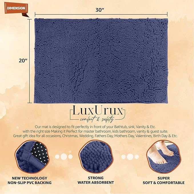 LuxUrux 2 Pc Set – Plush Chenille Bathroom Rug Mat Set, Extra-Soft Bath Mat for Shower & Bathroom, Highly Absorbent Microfiber, Non-Slip Backing for Safety & Comfort.(20 x 30, Purple)