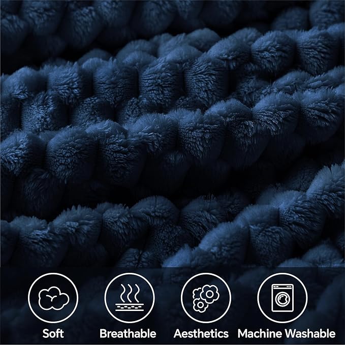 BEDELITE Fleece Blanket, Large Queen Size for Bed, 3D Jacquard Decorative Navy Fuzzy Throw, Soft and Cozy Warm Plush Fluffy Blanket All Seasons Suitable, 90x90Inches