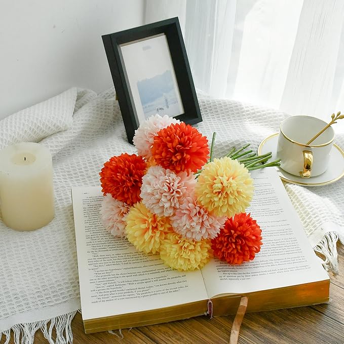 Mandy's Multicolor Artificial Ball Chrysanthemum 12 Stems Faux Flowers with Bendable Stems for DIY Wedding Centerpiece Fall Decor Home Arrangements