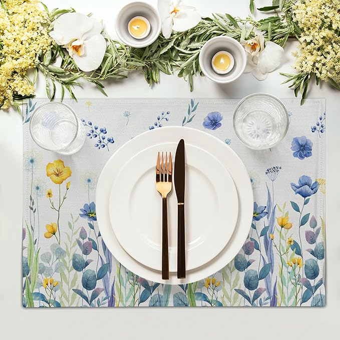 Watercolor Floral Placemats Set of 4 Blue Yellow Poppy Flowers Washable Non-Slip Heat Resistant 12×18 Inch Spring Summer Seasonal Linen Fabric Table Mats for Kitchen Dining Table