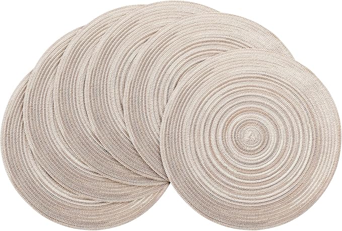 Floroom 15 Inch Round Braided Placemats Set of 6, Washable Heat Resistant Cotton Polyester Circle Place Mats for Kitchen Dining Table - Rainbow Gray