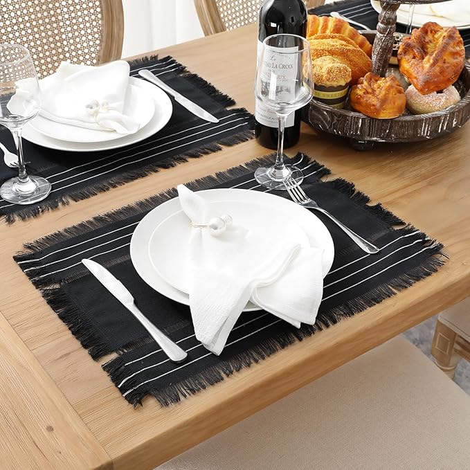 Chassic Rustic Placemats Set of 6, Washable Linen Cloth Place Mats, Woven Dinner Mats for Kitchen, Dining, Party, Wedding and Daily Table Decor - Black