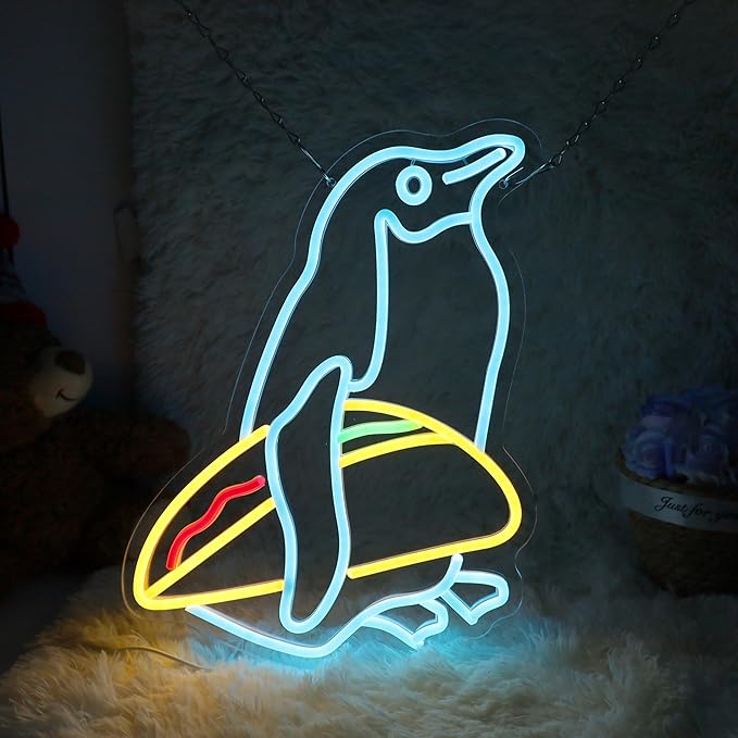 Penguin Tacos Neon Sign Cute Penguin LED Light Up Sign for Nursery Room Wall Decor Man Cave Game Room Penguin Gifts11.9"×15.7"