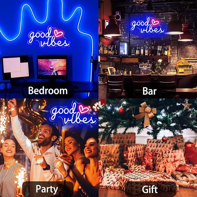 Blue Good Vibes Neon Signs for Wall Decor, Room Decor Aesthetic Good Vibes Neon Light Blue, USB Good Vibes LED Sign for Bedroom, Pink Heart & Good Vibes Light up Sign for Teen Boys Men Cave