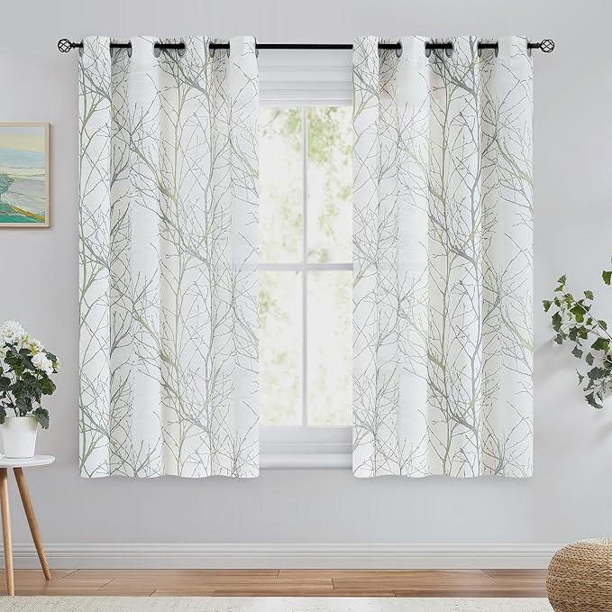 FMFUNCTEX Linen Semi Sheer Curtains for Bedroom, Sage Green White Curtains 54 Inches Long for Living Room, Grey Tree Branch Print Curtain Light Filtering Kitchen Window Drapes, Grommet Top 2 Panels
