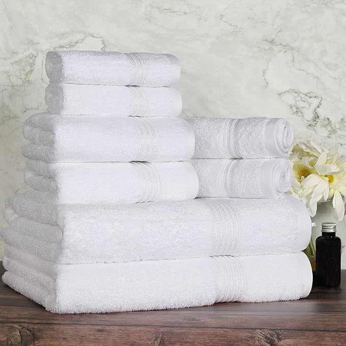 Superior Egyptian Cotton 8-Piece Towel Set, Assorted Towels for Home Bathroom, Guest Bath Decor Essentials, Includes 2 Bath, 4 Hand, 2 Face Towels/Washcloths, Quick Dry, Absorbent, White