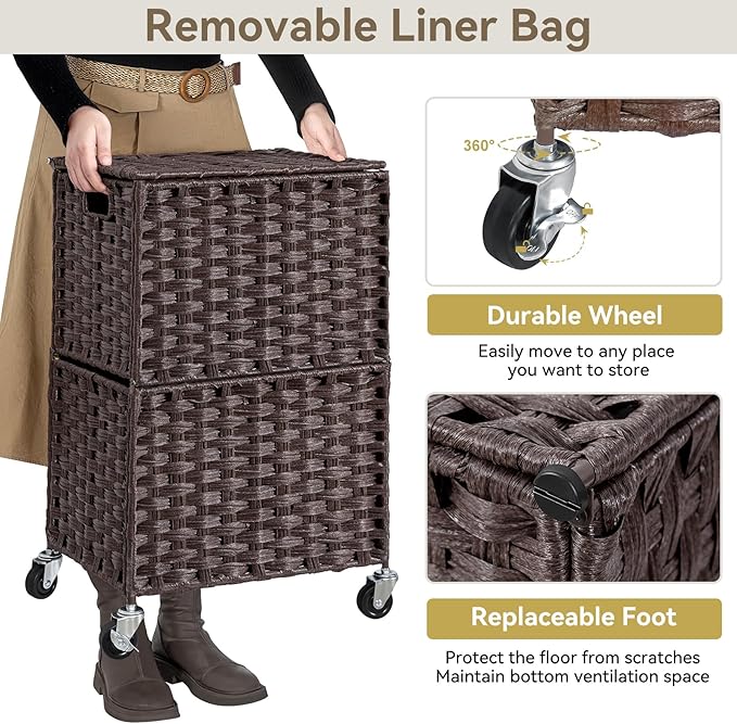 Chrislley 90L Slim Laundry Hamper with Wheels,Rolling Laundry Basket with Lid and Renovable Liner Bag,Handwoven Rattan Organizer for bedroom, bathroom, laundry room (Brown)