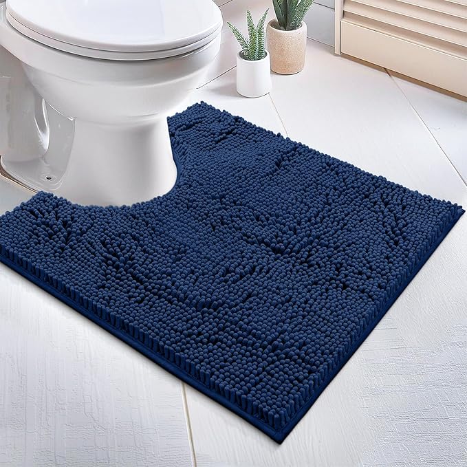 Bathroom Rugs Sets 2 Piece, Luxury Chenille Bath Mat Set, Soft Plush Anti-Slip Bath Rug + U-Shaped Toilet Mat. Microfiber Shaggy Carpet, Super Absorbent (24” x 36” & 20” x 24” U, Blue)