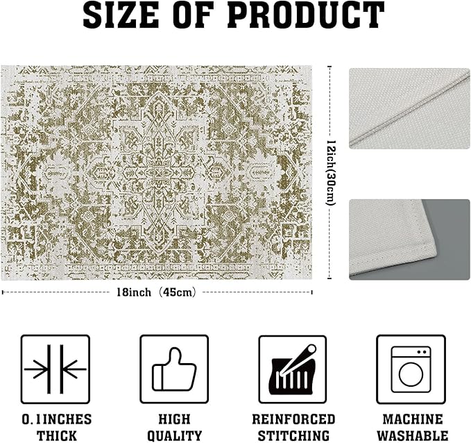 Gray Olive Green Boho Placemats Set of 6 Ethnic Bohemian Carpet Place Mats Washable Kitchen Dining Vintage Grey Geography Floral Linen Table Mats Stain Heat-Resistant for Home Party Indoor 12x18 in