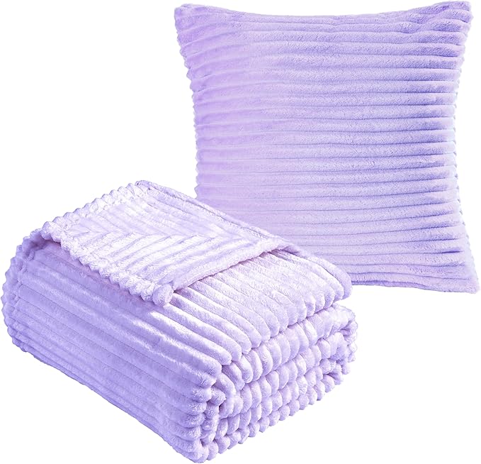 Vessia Flannel Fleece Light Purple Throw Blanket(50x71 Inch) for Couch with Pillow Cover(18 * 18 Inch), Warm Cozy Soft Stripe Pattern Blanket, Microfiber Lilac Ribbed Sofa Throw for All Season