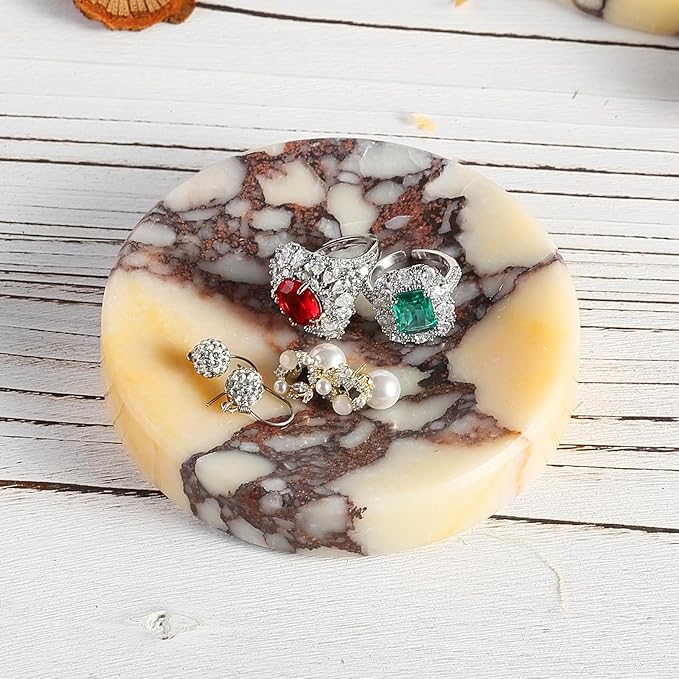 Koville Luxury Italy Calacatta Viola Marble Jewelry Dish, Small Round Trinket Dish for Ring Necklace Earring, 4" Marble Decorative Tray, Aesthetic Home Table Decor