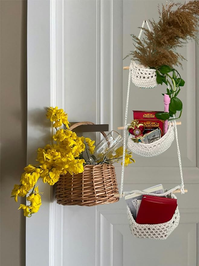 Hanging Fruit Basket, 3 Tier Cotton Macrame Produce Basket for Kitchen, Indoor Planter Hangers.