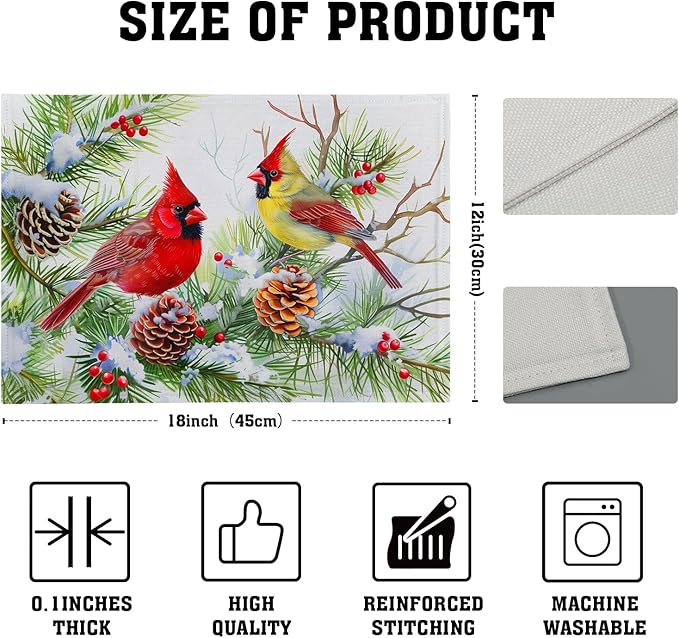 Giwawa Winter Birds Placemats Set of 4, Christmas Tree Holly Berry Pine Cones Place Mat for Kitchen Dining, Xmas Snow Scene Non-Slip Washable Table Mats 12"x18" for Tabletop Holiday Party Decor