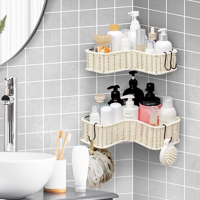 GRANNY SAYS Shower Caddy, Corner Shower Organizer, 2 Pack Rust-Proof Wicker Shelves for Bathroom, White